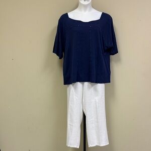 Eileen Fisher Deep Blue/Purple Top and White Pant set
